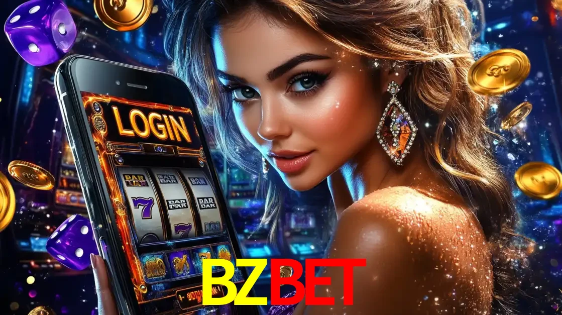 Mulher glamorosa segurando um smartphone com a tela de login para os jogos de caça-níqueis do cassino online BZBET, com moedas de ouro e dados ao redor.