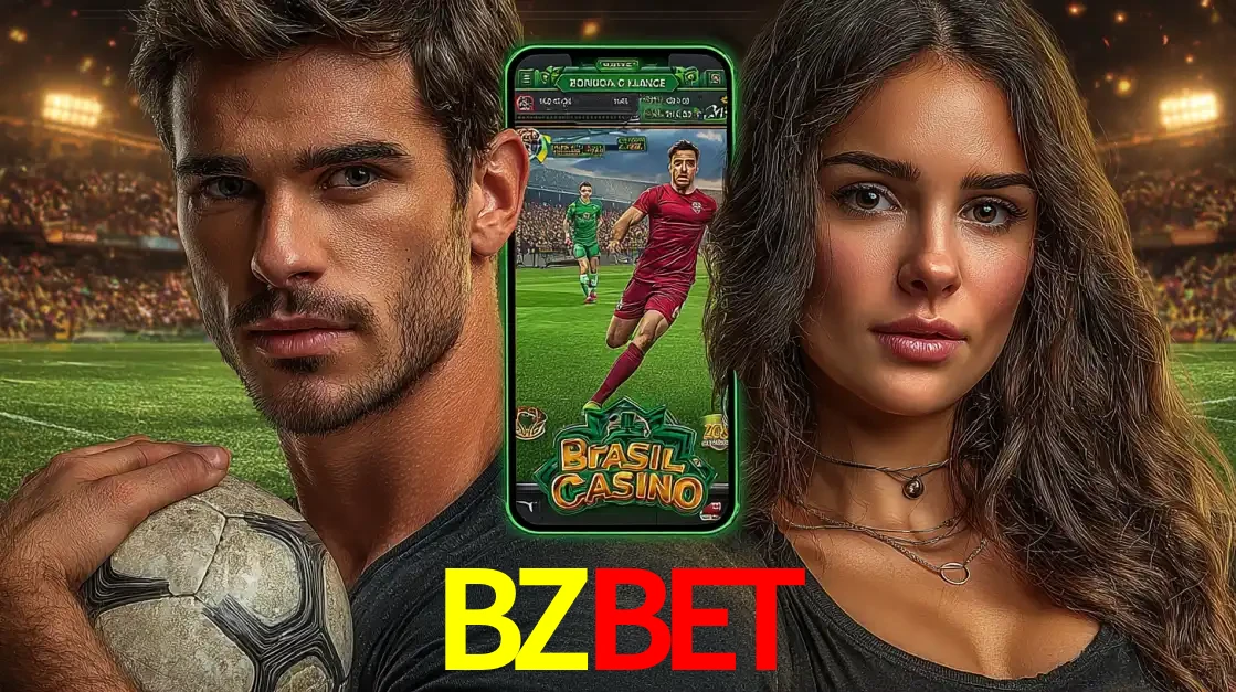 Homem segurando uma bola de futebol e uma mulher ao lado de um smartphone exibindo o jogo de apostas esportivas da BZBET. Faça seu palpite no cassino online.